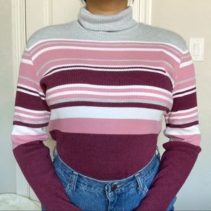 90s retro ribbed strip pink and grey turtleneck